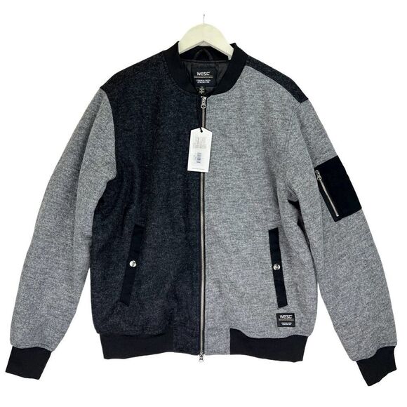 New WESC Men US Men XL /Women XXL Wool Bomber Gray Black Jacket $225 - Picture 1 of 12